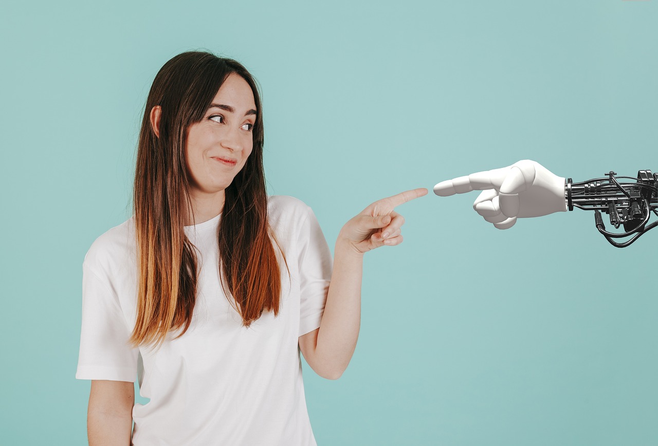 Girl touching a robot as a symbol of a collaborative future between humans and ai in time organization